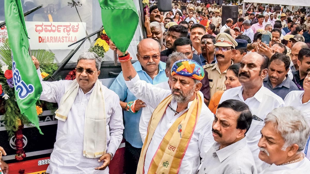 THE RIDE: CM Siddaramaiah and deputy CM D.K. Shivakumar flag off the ‘Shakti’ free bus travel for women in Bengaluru, June 11. (Photo: Jithendra M)